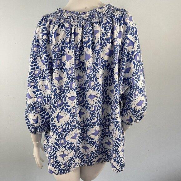 C & C California Linen Blend Top Blue Floral Peasant Blouse Shirt Size Large - Picture 10 of 13